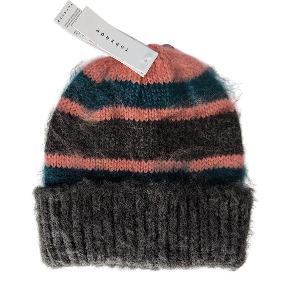 Topshop Fuzzy Knit Beanie Pink Teal Gray Striped Winter Hat - Picture 7 of 7